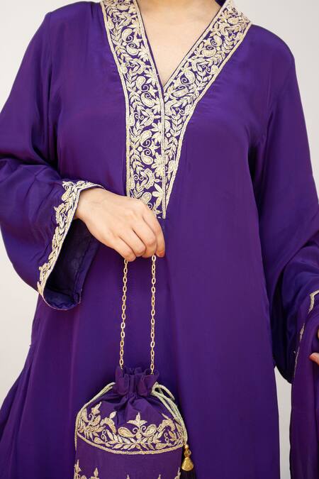 Daljit Sudan Purple Crepe, Organza Embroidery, Sequins V-neck Paisley Vine Kurta Pant Set at Aza Fashions Daljit Sudan_Purple Crepe, Organza Embroidery, Sequins V-neck Paisley Vine Kurta Pant Set _at_Aza_Fashions