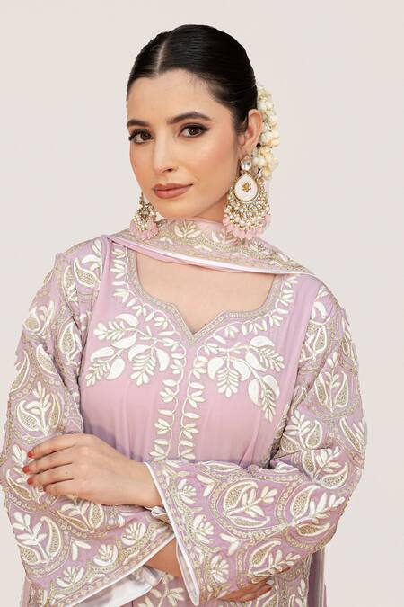 Daljit Sudan Pink Crepe, Georgette Embroidery Split Paisley Vine Kurta Flared Pant Set Online at Aza Fashions Daljit Sudan_Pink Crepe, Georgette Embroidery Split Paisley Vine Kurta Flared Pant Set _Online_at_Aza_Fashions