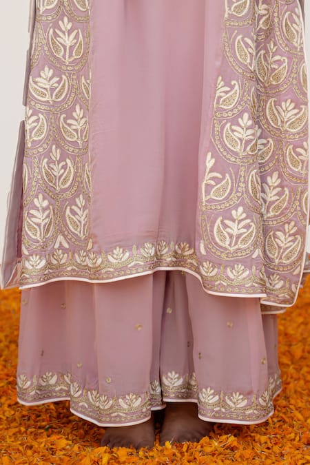Buy Daljit Sudan Pink Crepe, Georgette Embroidery Split Paisley Vine Kurta Flared Pant Set Online at Aza Fashions Buy_Daljit Sudan_Pink Crepe, Georgette Embroidery Split Paisley Vine Kurta Flared Pant Set _Online_at_Aza_Fashions