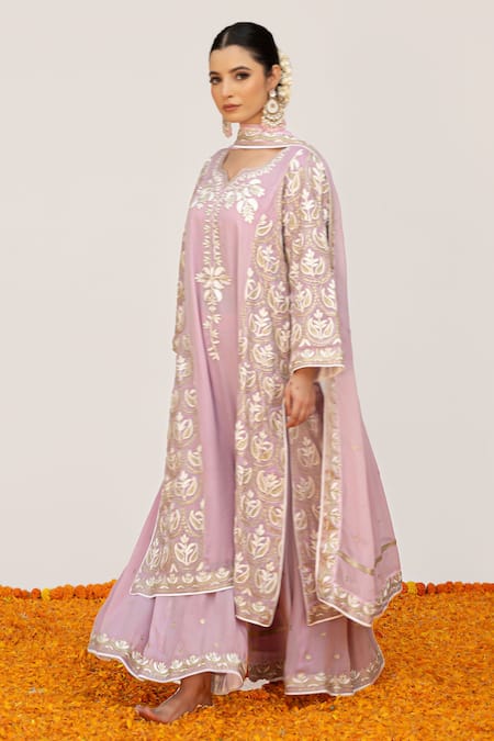 Shop Daljit Sudan Pink Crepe, Georgette Embroidery Split Paisley Vine Kurta Flared Pant Set Online at Aza Fashions Shop_Daljit Sudan_Pink Crepe, Georgette Embroidery Split Paisley Vine Kurta Flared Pant Set _Online_at_Aza_Fashions