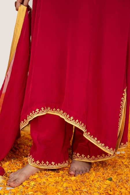 Shop Daljit Sudan Red Crepe, Organza Embroidery V-neck Tilla Border Kurta Pant Set Online at Aza Fashions Shop_Daljit Sudan_Red Crepe, Organza Embroidery V-neck Tilla Border Kurta Pant Set _Online_at_Aza_Fashions