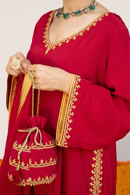 Daljit Sudan Red Crepe, Organza Embroidery V-neck Tilla Border Kurta Pant Set at Aza Fashions Daljit Sudan_Red Crepe, Organza Embroidery V-neck Tilla Border Kurta Pant Set _at_Aza_Fashions