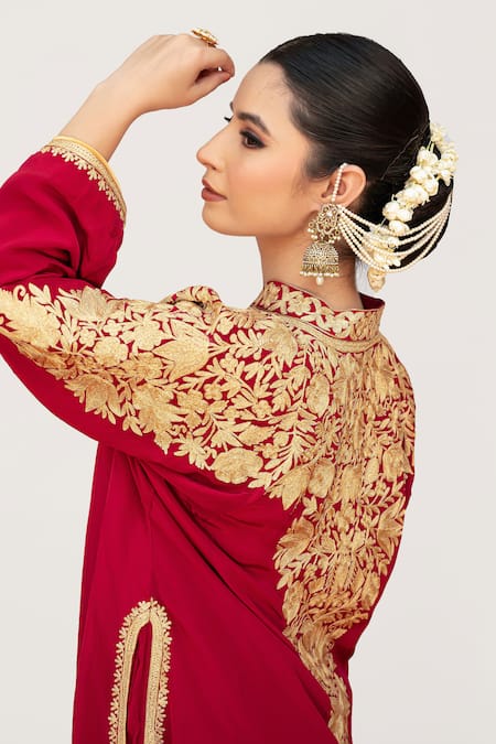 Buy Daljit Sudan Red Crepe Embroidery Mandarin Collar Jaal Aari Tilla Kurta Pant Set Online at Aza Fashions Buy_Daljit Sudan_Red Crepe Embroidery Mandarin Collar Jaal Aari Tilla Kurta Pant Set _Online_at_Aza_Fashions