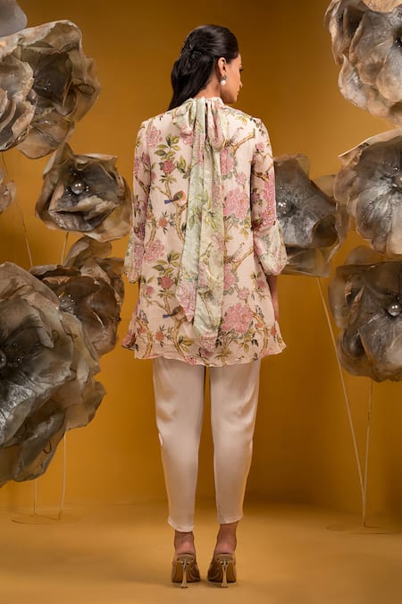 Shop Sonia Baderia Beige Chiffon, Satin Embroidery Floral Print A-line Kurta With Dhoti Pant at Aza Fashions Shop_Sonia Baderia_Beige Chiffon, Satin Embroidery Floral Print A-line Kurta With Dhoti Pant _at_Aza_Fashions