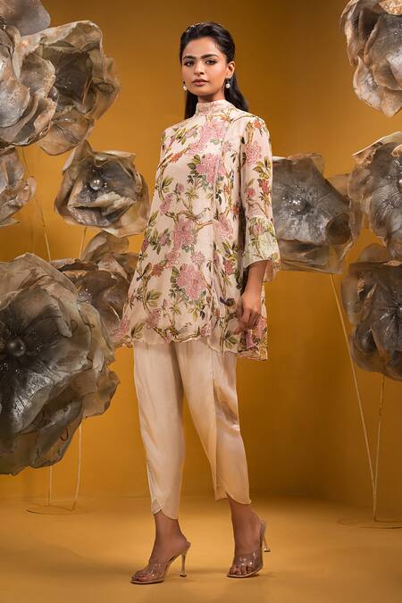 Buy Sonia Baderia Beige Chiffon, Satin Embroidery Floral Print A-line Kurta With Dhoti Pant Online at Aza Fashions Buy_Sonia Baderia_Beige Chiffon, Satin Embroidery Floral Print A-line Kurta With Dhoti Pant _Online_at_Aza_Fashions