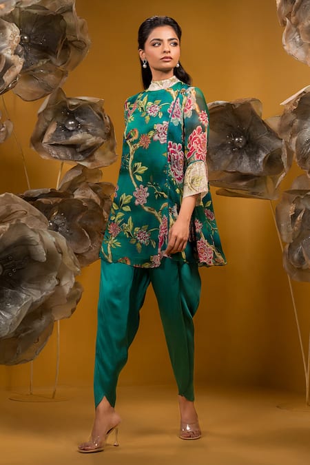 Shop Sonia Baderia Green Chiffon, Satin Lace Floral Print A-line Tie Up Kurta With Dhoti Pant at Aza Fashions Shop_Sonia Baderia_Green Chiffon, Satin Lace Floral Print A-line Tie Up Kurta With Dhoti Pant _at_Aza_Fashions