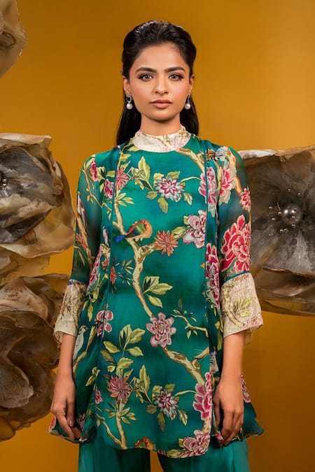 Sonia Baderia Green Chiffon, Satin Lace Floral Print A-line Tie Up Kurta With Dhoti Pant Online at Aza Fashions Sonia Baderia_Green Chiffon, Satin Lace Floral Print A-line Tie Up Kurta With Dhoti Pant _Online_at_Aza_Fashions