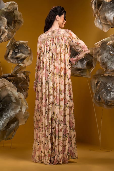 Shop_Sonia Baderia_Beige Chiffon Sequins, Beads V-neck Floral Print Flared Long Dress _at_Aza_Fashions