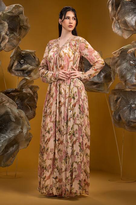 Sonia Baderia_Beige Chiffon Sequins, Beads V-neck Floral Print Flared Long Dress _Online_at_Aza_Fashions