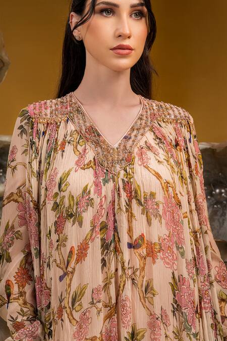Shop_Sonia Baderia_Beige Chiffon Sequins, Beads V-neck Floral Print Flared Long Dress _Online_at_Aza_Fashions