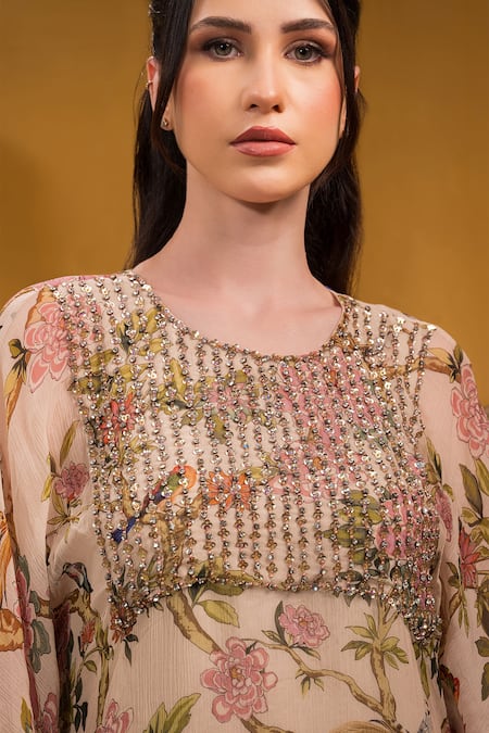 Sonia Baderia Beige Chiffon Sequins, Beads Round Neck Floral Print Asymmetric Kaftan With Pant at Aza Fashions Sonia Baderia_Beige Chiffon Sequins, Beads Round Neck Floral Print Asymmetric Kaftan With Pant _at_Aza_Fashions