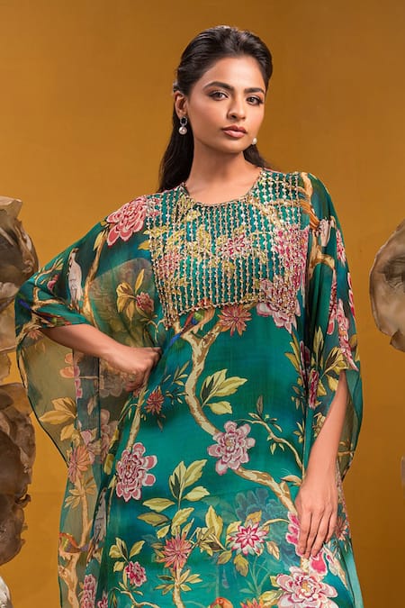 Shop Sonia Baderia Green Chiffon Beads, Sequins, Embroidery Floral Asymmetric Kaftan With Pant at Aza Fashions Shop_Sonia Baderia_Green Chiffon Beads, Sequins, Embroidery Floral Asymmetric Kaftan With Pant _at_Aza_Fashions