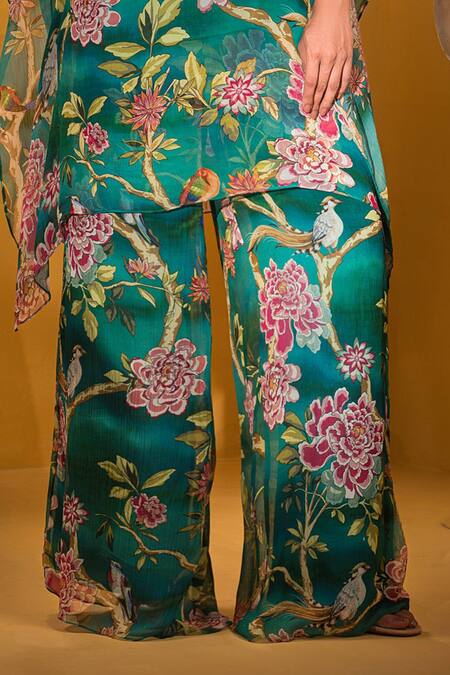 Sonia Baderia Green Chiffon Beads, Sequins, Embroidery Floral Asymmetric Kaftan With Pant Online at Aza Fashions Sonia Baderia_Green Chiffon Beads, Sequins, Embroidery Floral Asymmetric Kaftan With Pant _Online_at_Aza_Fashions