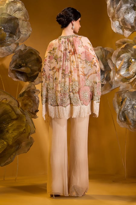 Shop Sonia Baderia Beige Chiffon Pearls, Floral Embroidered Asymmetric Cape With Flared Pant at Aza Fashions Shop_Sonia Baderia_Beige Chiffon Pearls, Floral Embroidered Asymmetric Cape With Flared Pant _at_Aza_Fashions