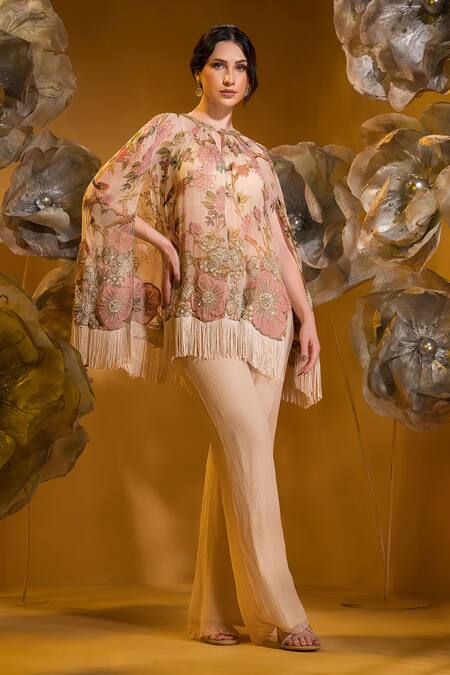 Sonia Baderia Beige Chiffon Pearls, Floral Embroidered Asymmetric Cape With Flared Pant Online at Aza Fashions Sonia Baderia_Beige Chiffon Pearls, Floral Embroidered Asymmetric Cape With Flared Pant _Online_at_Aza_Fashions