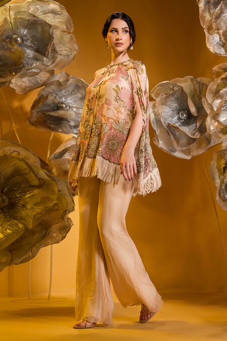 Buy Sonia Baderia Beige Chiffon Pearls, Floral Embroidered Asymmetric Cape With Flared Pant Online at Aza Fashions Buy_Sonia Baderia_Beige Chiffon Pearls, Floral Embroidered Asymmetric Cape With Flared Pant _Online_at_Aza_Fashions