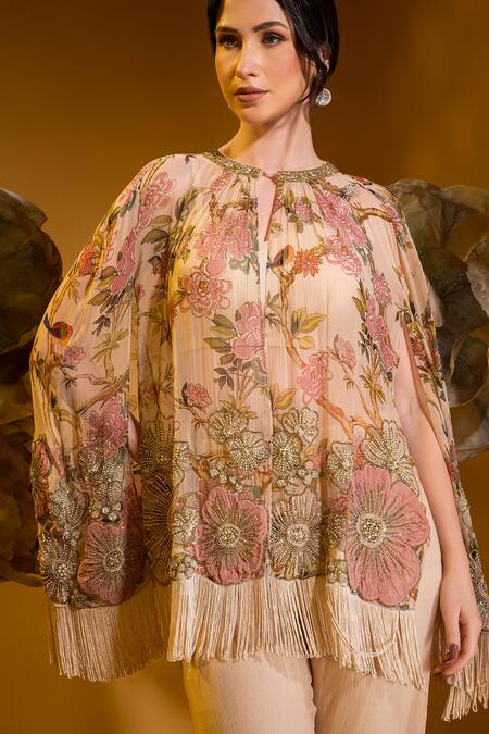 Shop Sonia Baderia Beige Chiffon Pearls, Floral Embroidered Asymmetric Cape With Flared Pant Online at Aza Fashions Shop_Sonia Baderia_Beige Chiffon Pearls, Floral Embroidered Asymmetric Cape With Flared Pant _Online_at_Aza_Fashions