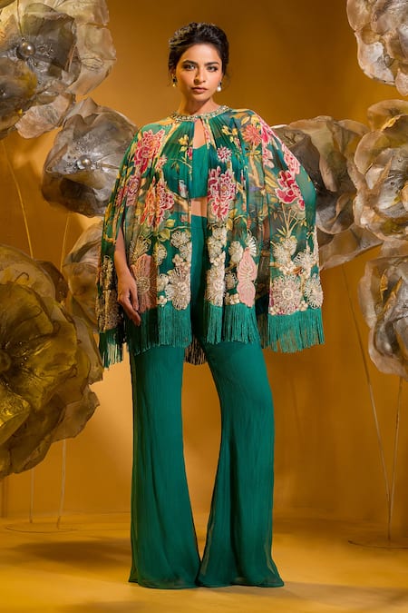 SONIA BADERIA Green Chiffon Print Floral Cape Embroidered Asymmetrical With Flared Pant 