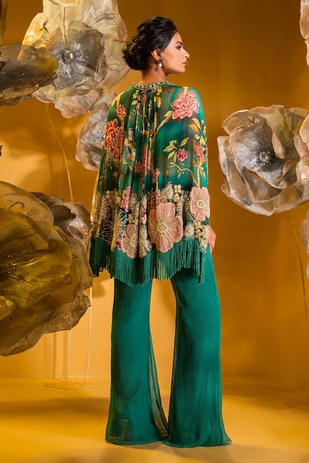 Shop Sonia Baderia Green Chiffon Beads, Floral Embroidered Asymmetrical Cape With Flared Pant at Aza Fashions Shop_Sonia Baderia_Green Chiffon Beads, Floral Embroidered Asymmetrical Cape With Flared Pant _at_Aza_Fashions