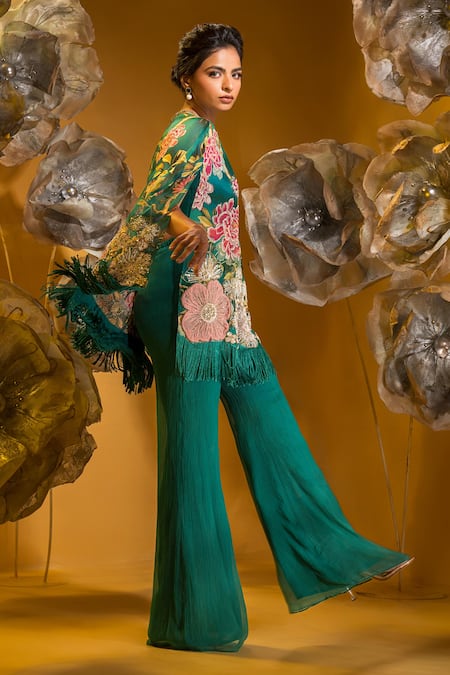 Sonia Baderia Green Chiffon Beads, Floral Embroidered Asymmetrical Cape With Flared Pant Online at Aza Fashions Sonia Baderia_Green Chiffon Beads, Floral Embroidered Asymmetrical Cape With Flared Pant _Online_at_Aza_Fashions