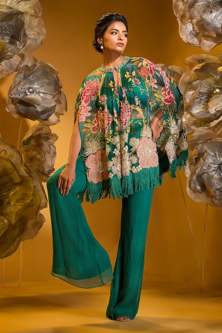 Buy Sonia Baderia Green Chiffon Beads, Floral Embroidered Asymmetrical Cape With Flared Pant Online at Aza Fashions Buy_Sonia Baderia_Green Chiffon Beads, Floral Embroidered Asymmetrical Cape With Flared Pant _Online_at_Aza_Fashions