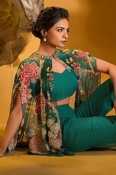 Shop Sonia Baderia Green Chiffon Beads, Floral Embroidered Asymmetrical Cape With Flared Pant Online at Aza Fashions Shop_Sonia Baderia_Green Chiffon Beads, Floral Embroidered Asymmetrical Cape With Flared Pant _Online_at_Aza_Fashions