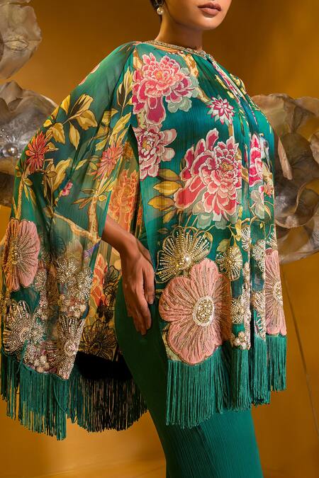 Sonia Baderia Green Chiffon Beads, Floral Embroidered Asymmetrical Cape With Flared Pant at Aza Fashions Sonia Baderia_Green Chiffon Beads, Floral Embroidered Asymmetrical Cape With Flared Pant _at_Aza_Fashions