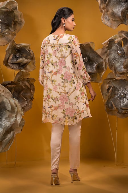 Shop Sonia Baderia Beige Chiffon, Satin Beads, Tassels Split Floral Print A-line Kurta With Pant at Aza Fashions Shop_Sonia Baderia_Beige Chiffon, Satin Beads, Tassels Split Floral Print A-line Kurta With Pant _at_Aza_Fashions