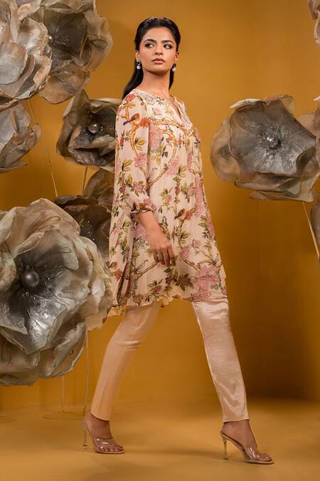 Sonia Baderia Beige Chiffon, Satin Beads, Tassels Split Floral Print A-line Kurta With Pant Online at Aza Fashions Sonia Baderia_Beige Chiffon, Satin Beads, Tassels Split Floral Print A-line Kurta With Pant _Online_at_Aza_Fashions