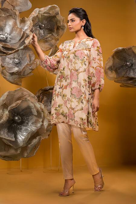 Buy Sonia Baderia Beige Chiffon, Satin Beads, Tassels Split Floral Print A-line Kurta With Pant Online at Aza Fashions Buy_Sonia Baderia_Beige Chiffon, Satin Beads, Tassels Split Floral Print A-line Kurta With Pant _Online_at_Aza_Fashions