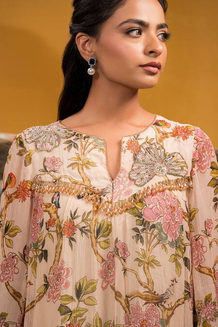 Shop Sonia Baderia Beige Chiffon, Satin Beads, Tassels Split Floral Print A-line Kurta With Pant Online at Aza Fashions Shop_Sonia Baderia_Beige Chiffon, Satin Beads, Tassels Split Floral Print A-line Kurta With Pant _Online_at_Aza_Fashions