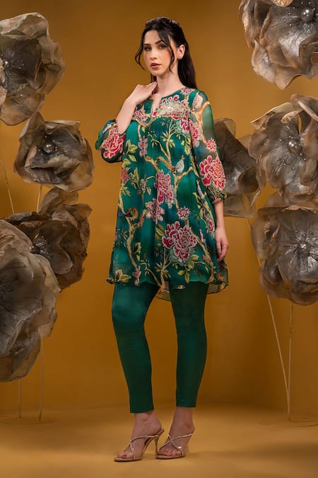 Shop Sonia Baderia Green Chiffon, Satin, Lycra Embroidery, Tassels, Floral A-line Kurta With Pant at Aza Fashions Shop_Sonia Baderia_Green Chiffon, Satin, Lycra Embroidery, Tassels, Floral A-line Kurta With Pant _at_Aza_Fashions