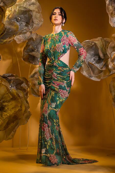 Sonia Baderia Green Chiffon Embroidery, Stones Round Neck Floral Ruched Cutwork Gown Online at Aza Fashions Sonia Baderia_Green Chiffon Embroidery, Stones Round Neck Floral Ruched Cutwork Gown _Online_at_Aza_Fashions