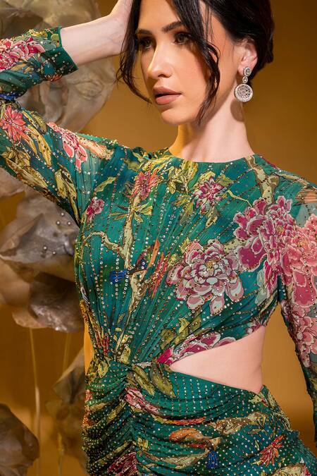 Sonia Baderia Green Chiffon Embroidery, Stones Round Neck Floral Ruched Cutwork Gown at Aza Fashions Sonia Baderia_Green Chiffon Embroidery, Stones Round Neck Floral Ruched Cutwork Gown _at_Aza_Fashions