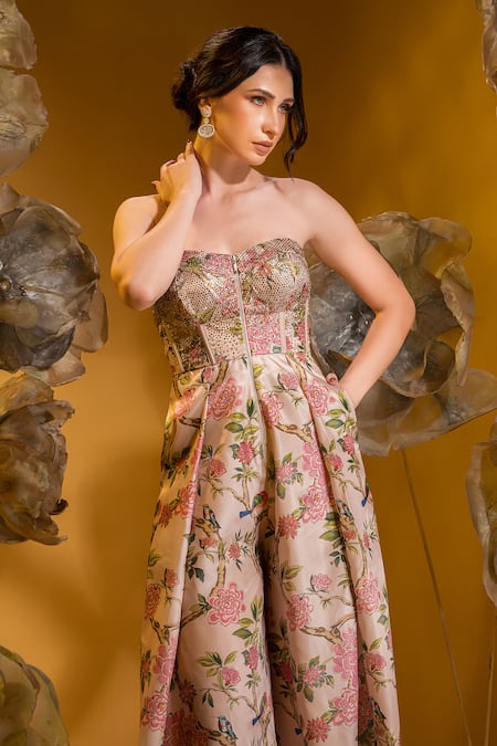 Sonia Baderia_Beige Taffeta Embroidery, Stones Sweetheart Neck Floral Corset Jumpsuit _Online_at_Aza_Fashions