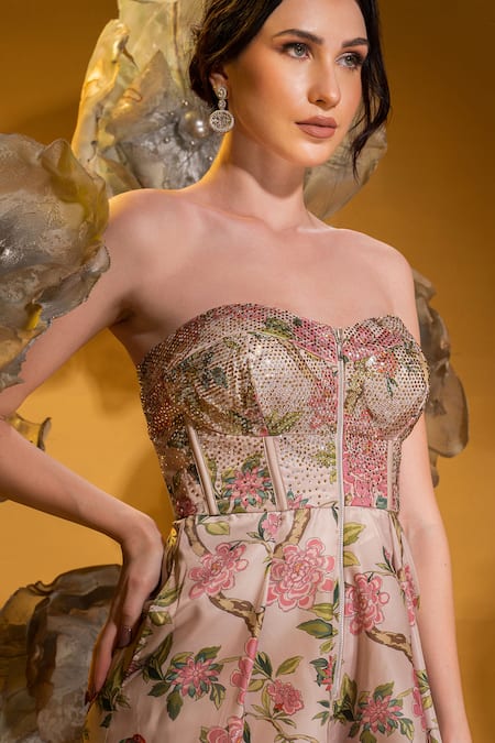 Buy_Sonia Baderia_Beige Taffeta Embroidery, Stones Sweetheart Neck Floral Corset Jumpsuit _Online_at_Aza_Fashions