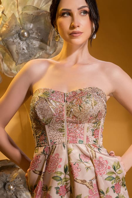Shop_Sonia Baderia_Beige Taffeta Embroidery, Stones Sweetheart Neck Floral Corset Jumpsuit _Online_at_Aza_Fashions