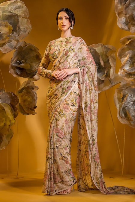 SONIA BADERIA Beige Chiffon Printed Floral Round Saree With Blouse 