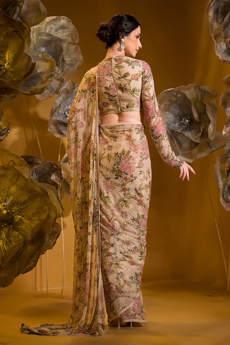 Shop Sonia Baderia Beige Chiffon Embroidery Asymmetric Floral Print Saree With Blouse at Aza Fashions Shop_Sonia Baderia_Beige Chiffon Embroidery Asymmetric Floral Print Saree With Blouse _at_Aza_Fashions