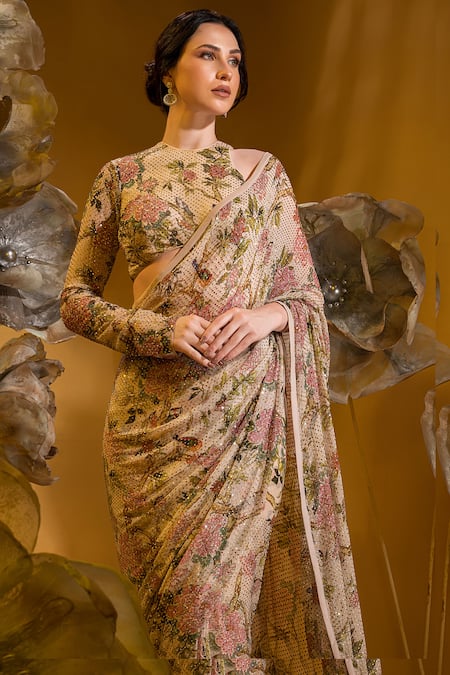 Buy Sonia Baderia Beige Chiffon Embroidery Asymmetric Floral Print Saree With Blouse Online at Aza Fashions Buy_Sonia Baderia_Beige Chiffon Embroidery Asymmetric Floral Print Saree With Blouse _Online_at_Aza_Fashions