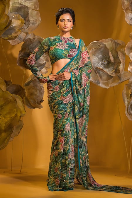 SONIA BADERIA Green Chiffon Printed Flower Round Saree With Blouse 