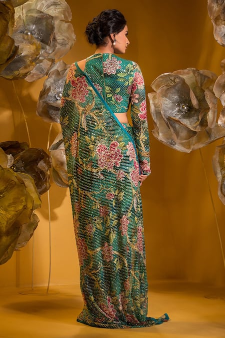 Shop Sonia Baderia Green Chiffon Stones, Embroidery Round Neck Flower Print Saree With Blouse at Aza Fashions Shop_Sonia Baderia_Green Chiffon Stones, Embroidery Round Neck Flower Print Saree With Blouse _at_Aza_Fashions