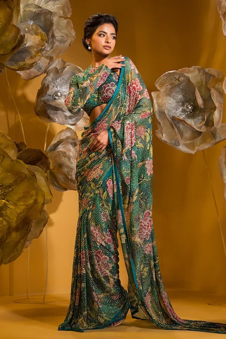 Sonia Baderia Green Chiffon Stones, Embroidery Round Neck Flower Print Saree With Blouse Online at Aza Fashions Sonia Baderia_Green Chiffon Stones, Embroidery Round Neck Flower Print Saree With Blouse _Online_at_Aza_Fashions