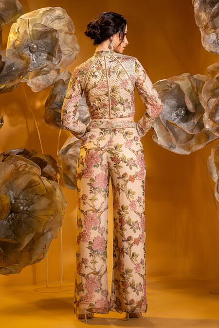 Shop Sonia Baderia Beige Chiffon Embroidery, Stones High Printed Cropped Jacket And Flared Pant Set at Aza Fashions Shop_Sonia Baderia_Beige Chiffon Embroidery, Stones High Printed Cropped Jacket And Flared Pant Set _at_Aza_Fashions