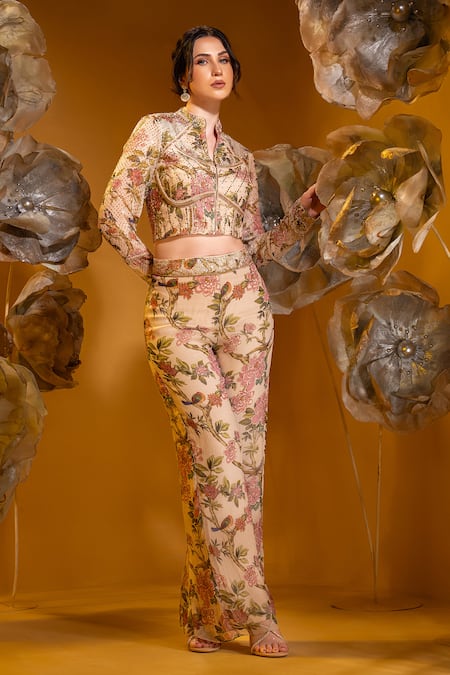 Sonia Baderia Beige Chiffon Embroidery, Stones High Printed Cropped Jacket And Flared Pant Set Online at Aza Fashions Sonia Baderia_Beige Chiffon Embroidery, Stones High Printed Cropped Jacket And Flared Pant Set _Online_at_Aza_Fashions