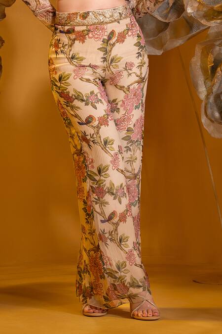 Buy Sonia Baderia Beige Chiffon Embroidery, Stones High Printed Cropped Jacket And Flared Pant Set Online at Aza Fashions Buy_Sonia Baderia_Beige Chiffon Embroidery, Stones High Printed Cropped Jacket And Flared Pant Set _Online_at_Aza_Fashions