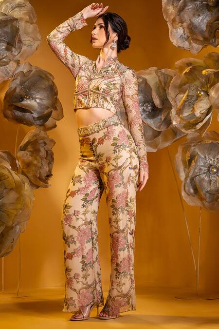 Shop Sonia Baderia Beige Chiffon Embroidery, Stones High Printed Cropped Jacket And Flared Pant Set Online at Aza Fashions Shop_Sonia Baderia_Beige Chiffon Embroidery, Stones High Printed Cropped Jacket And Flared Pant Set _Online_at_Aza_Fashions