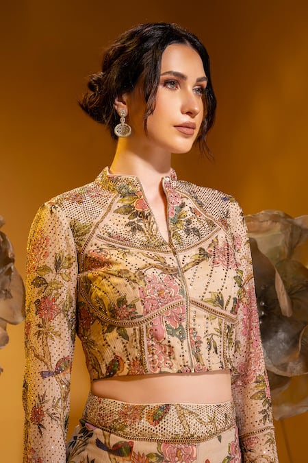 Sonia Baderia Beige Chiffon Embroidery, Stones High Printed Cropped Jacket And Flared Pant Set at Aza Fashions Sonia Baderia_Beige Chiffon Embroidery, Stones High Printed Cropped Jacket And Flared Pant Set _at_Aza_Fashions
