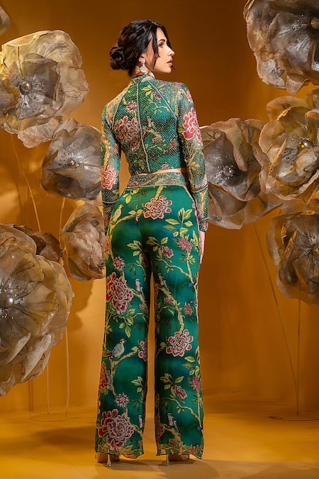 Sonia Baderia Tropical Print Cropped Jacket & Flared Pant Set 