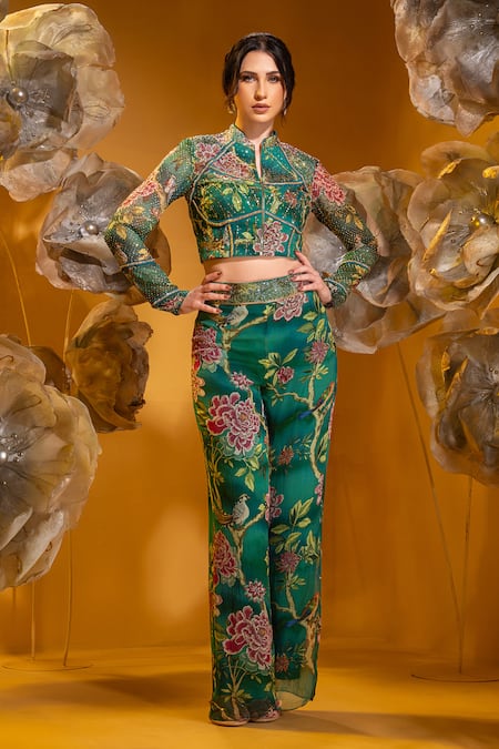 Sonia Baderia_Green Chiffon Embroidery, Stones Tropical Print Cropped Jacket And Flared Pant Set _Online_at_Aza_Fashions